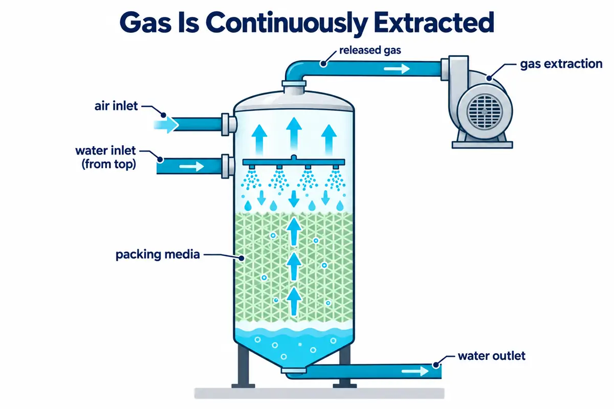 Gas is continuously extracted from the degassing tower