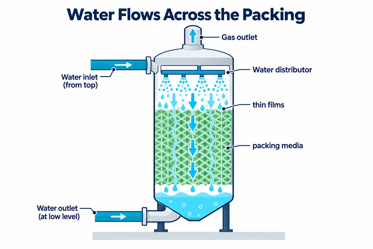 Water flows across the packing media