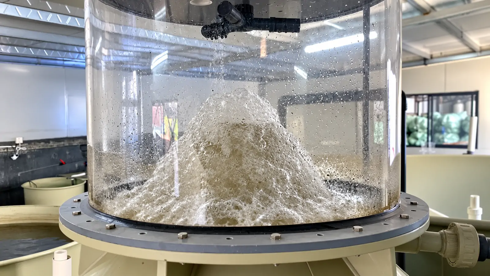 Rising bubbles in a protein skimmer carry organic matter out of the water-treatment system through the foam outlet