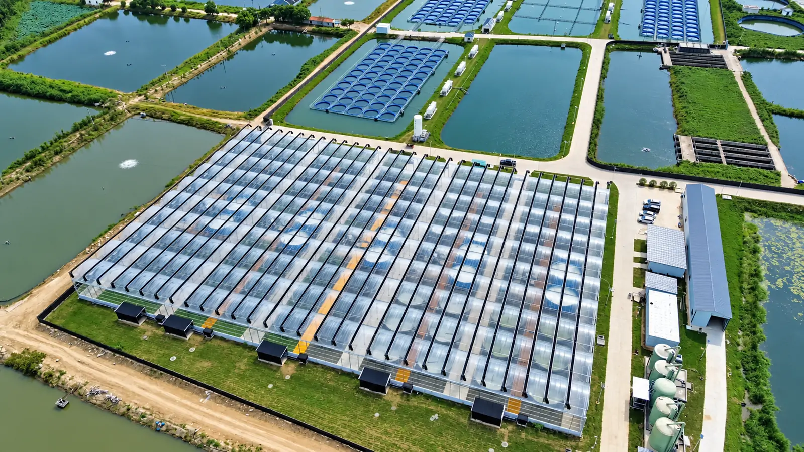 Aerial rendering of an aquaculture site with covered buildings, outdoor ponds and connecting roads