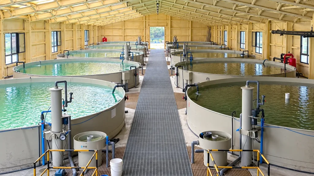 Rows of circular culture tanks beneath a steel roof in an indoor RAS facility