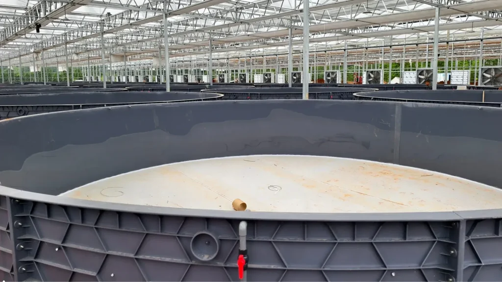 Large dark circular tank walls inside a steel-framed building.