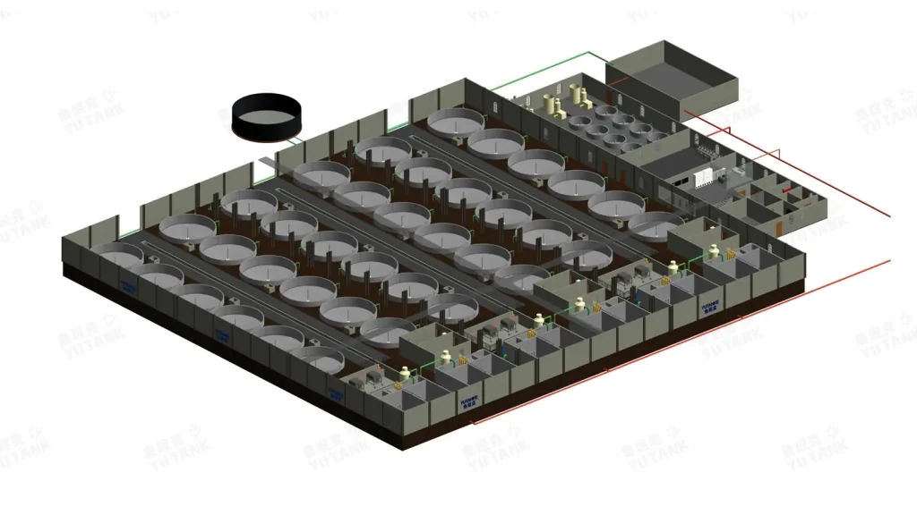 Elevated system drawing showing culture tanks and treatment equipment.