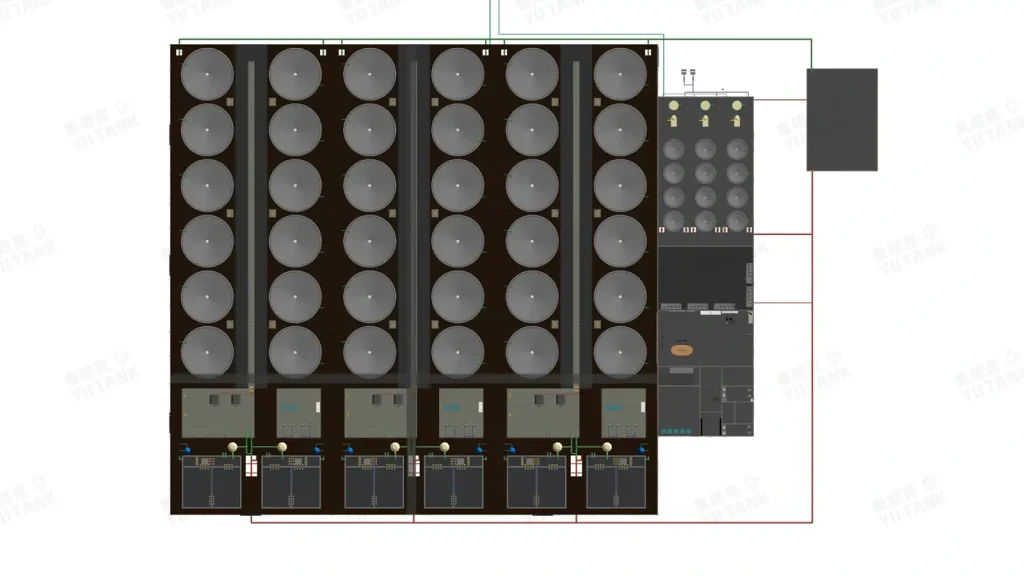 Overhead drawing showing culture tanks, treatment areas and connecting pipes.