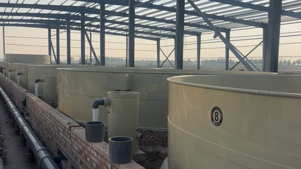 Pale circular tanks and exposed pipework beneath an unfinished steel roof.