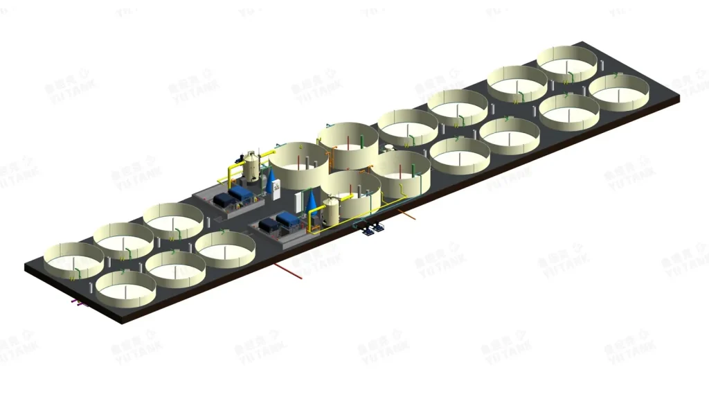 Elevated system drawing showing culture tanks and treatment equipment.