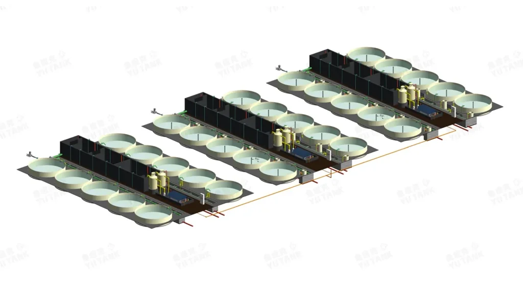 Elevated rendering of parallel circular tank groups and treatment units.