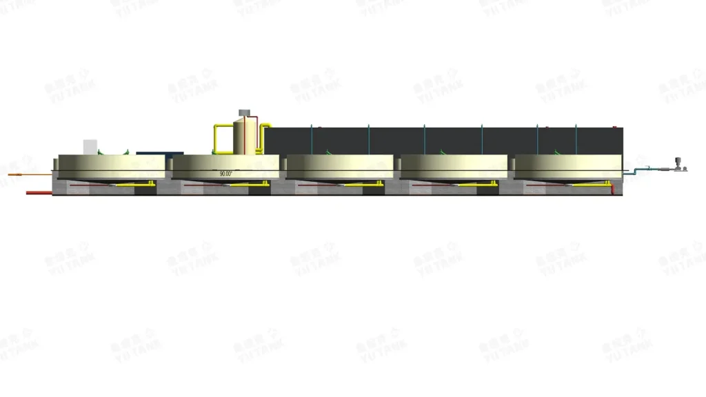 Side elevation of tanks, treatment vessels and connecting pipework.