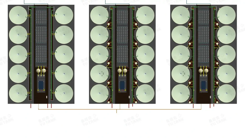 Plan drawing of three tank groups with central treatment and pipe routes.