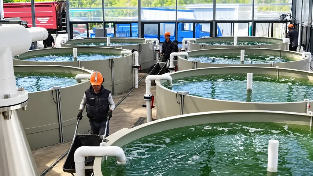Water-filled circular tanks with white pipework and workers in an enclosed building.
