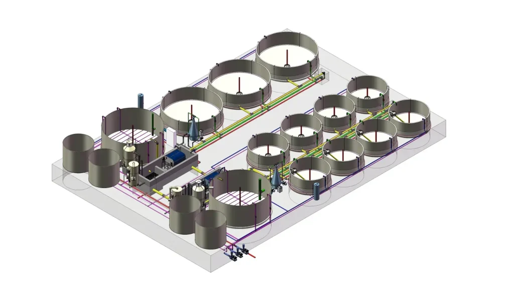 Elevated system drawing showing culture tanks and treatment equipment.