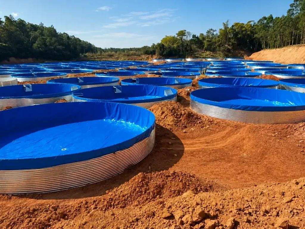 Blue tank liners inside metal walls beside unpaved earth paths.