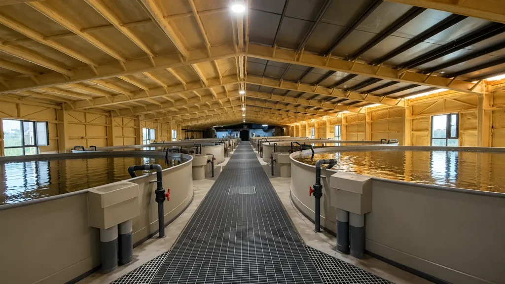 Circular culture tanks on both sides of a grated walkway inside a covered building.