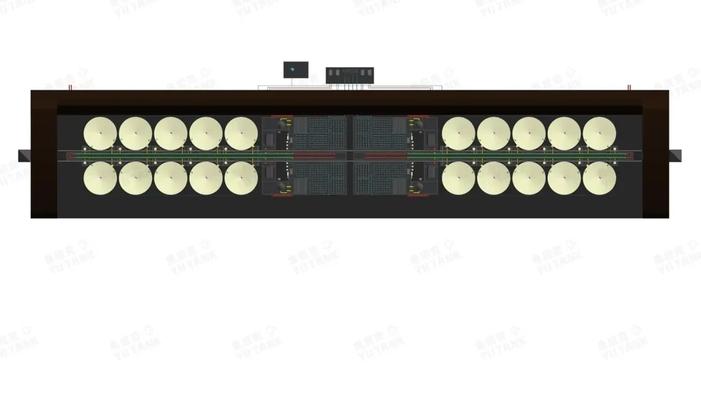 Plan view of two groups of circular tanks connected to a central equipment area.