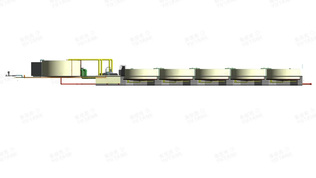 Side elevation of culture tanks, connecting pipes and treatment equipment.
