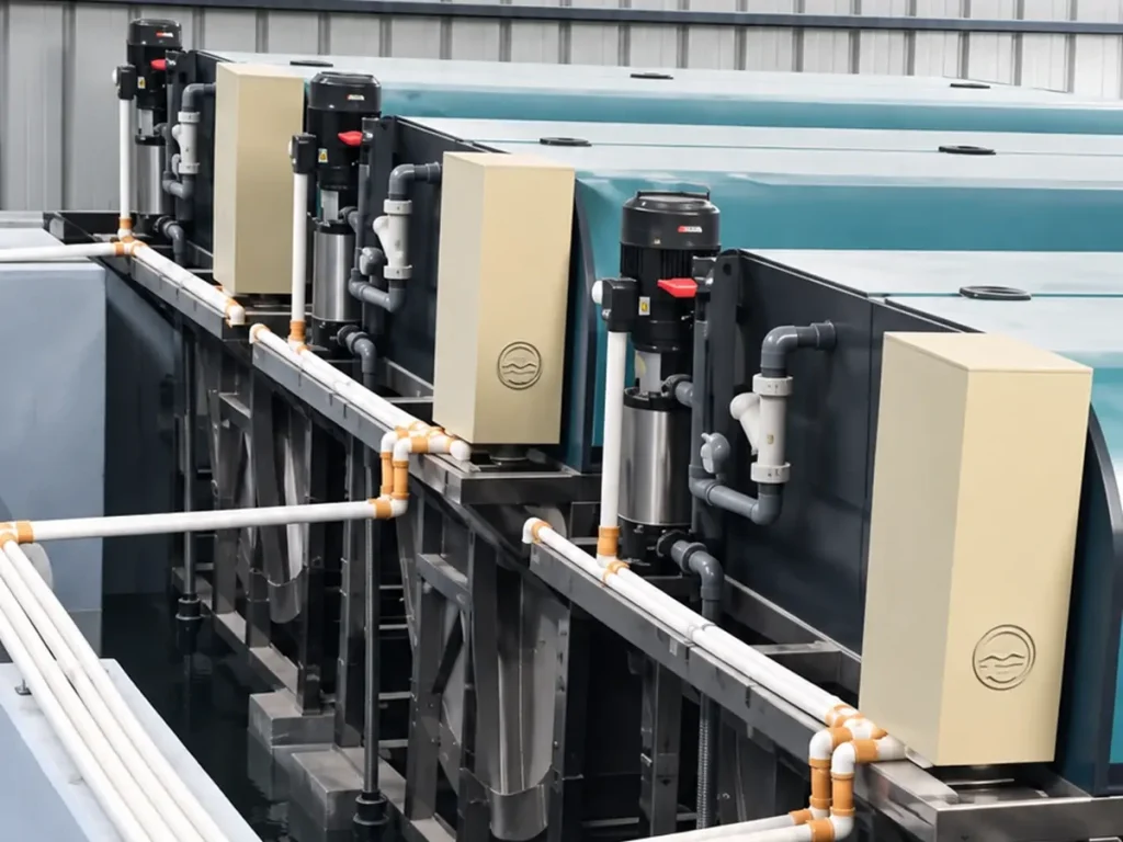 A row of covered filter units with control boxes and connected pipework.