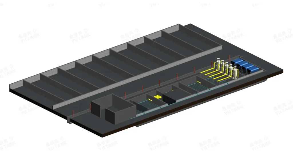 Elevated system drawing showing culture tanks and treatment equipment.
