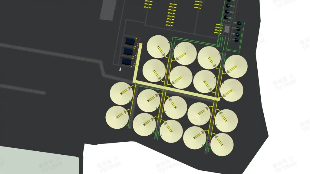 Overhead drawing showing culture tanks, treatment areas and connecting pipes.
