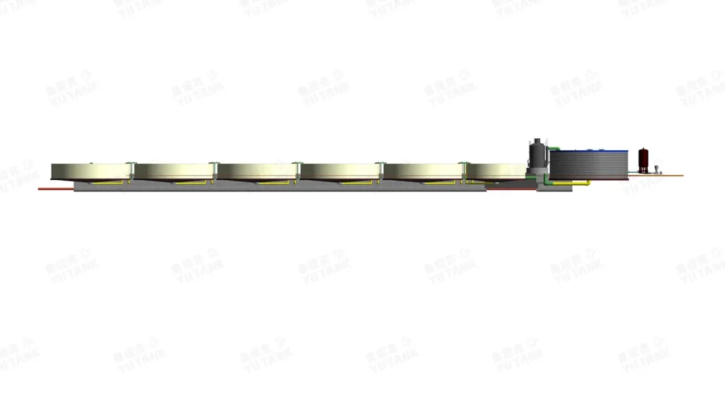 Side-view system drawing of the Wujiaqu shrimp RAS tanks and pipework.