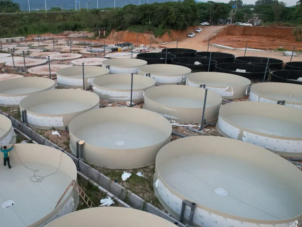 Rows of open circular tanks and workers at the outdoor site.