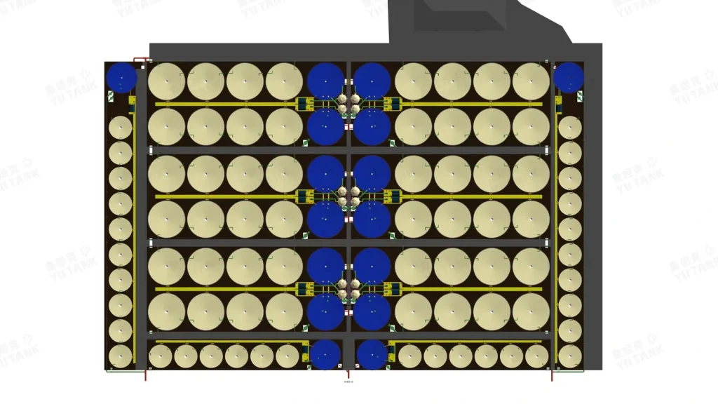 Overhead drawing showing culture tanks, treatment areas and connecting pipes.