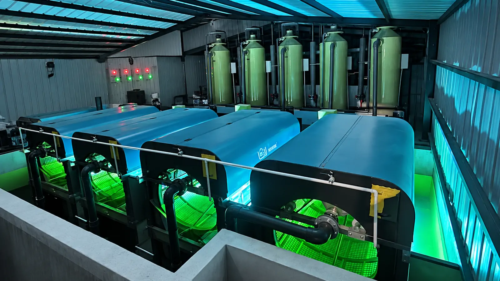 Four drum filters and five protein skimmers in the Riyadh freshwater tilapia RAS retrofit project in Saudi Arabia